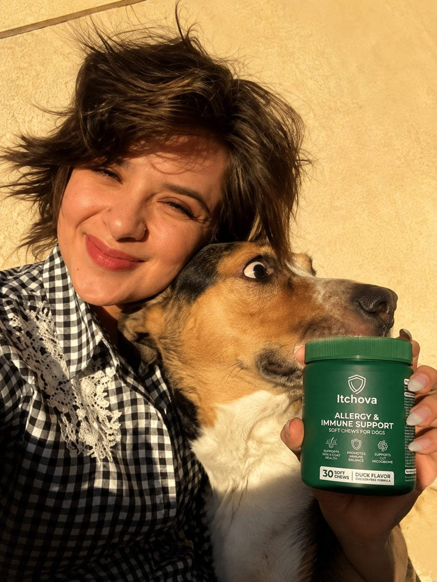 Dog parent cuddling her dog beside an Itchova jar